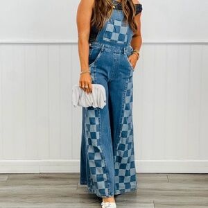 DAVI & DANI Blue Checkered Denim Overalls